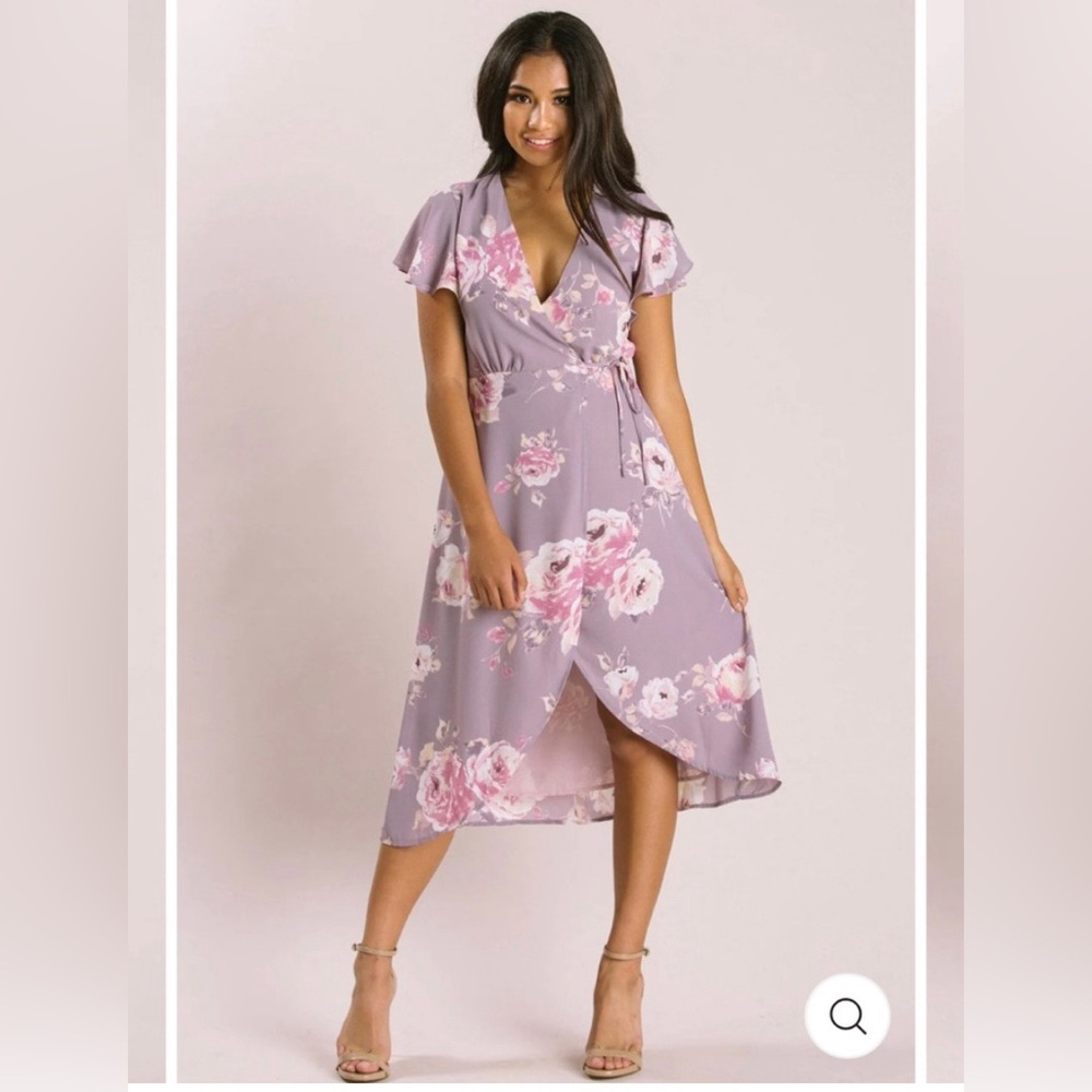 Floral Midi Wrap Dress in Lavender and Blush, wedding guest dress size small